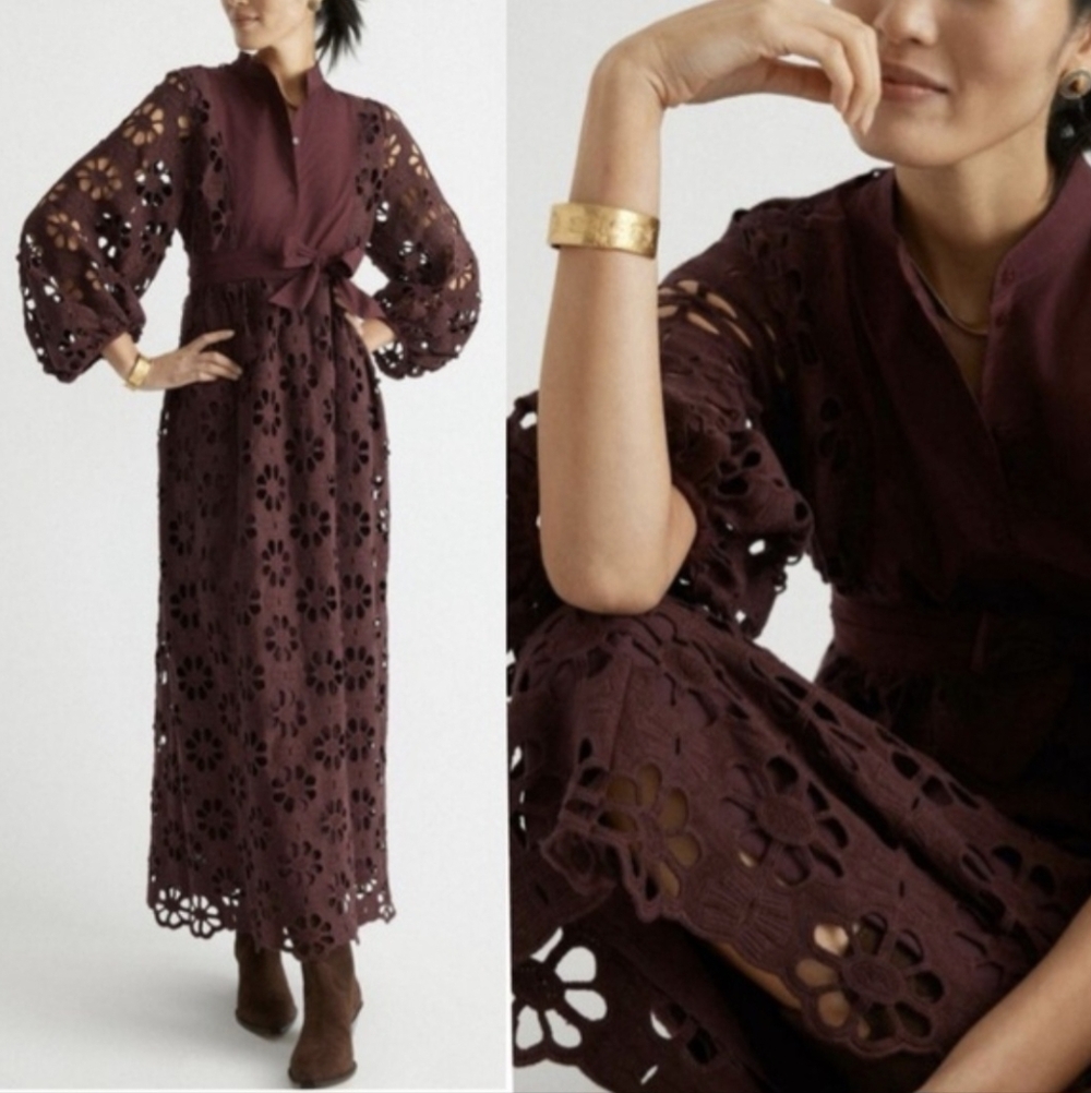 Tuckernuck Dress Calliope Merlot Crochet Lace Long Puff Sleeve Maxi Size XS NEW